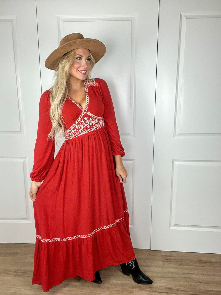 Embroidered Long Sleeve Maxi Dress In Brick – Rebel and Blush