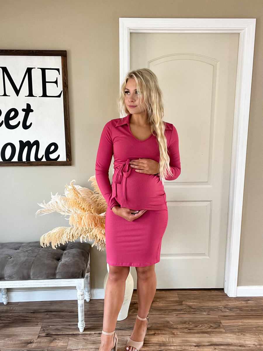 open lace back dress Berry Collared V Neck Maternity Dress With Belt – Rebel and Blush