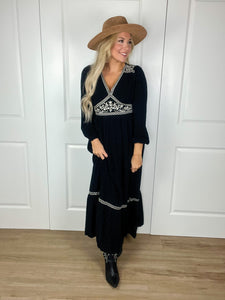 Embroidered Long Sleeve Maxi Dress In Black