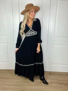 Embroidered Long Sleeve Maxi Dress In Black