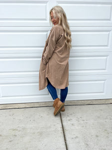 Warm Taupe Duster Length Button Down Shacket