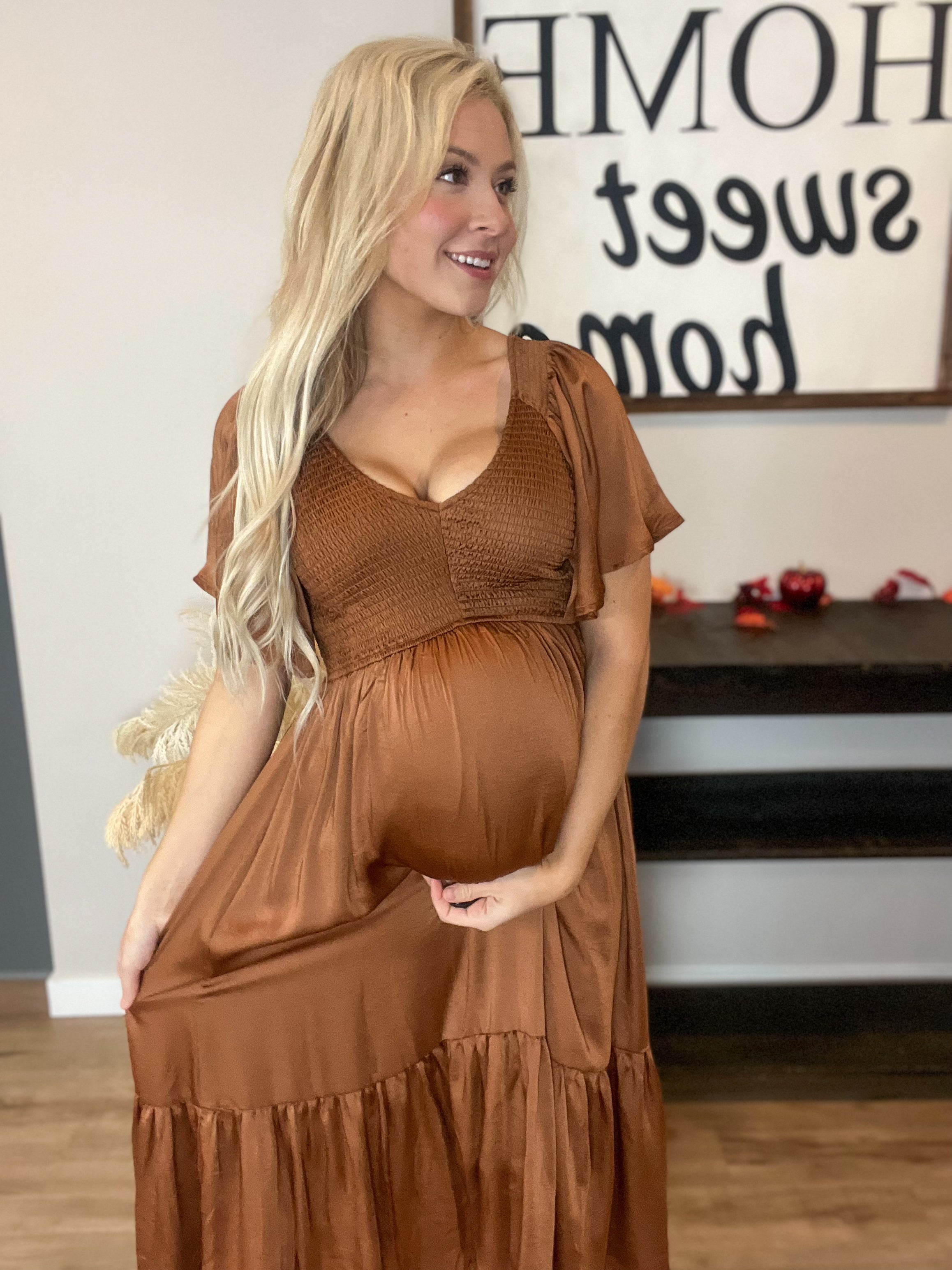 Smocked Satin Midi Dress in Bronze Rebel and Blush Smocked Satin Midi Dress in Bronze Rebel and Blush