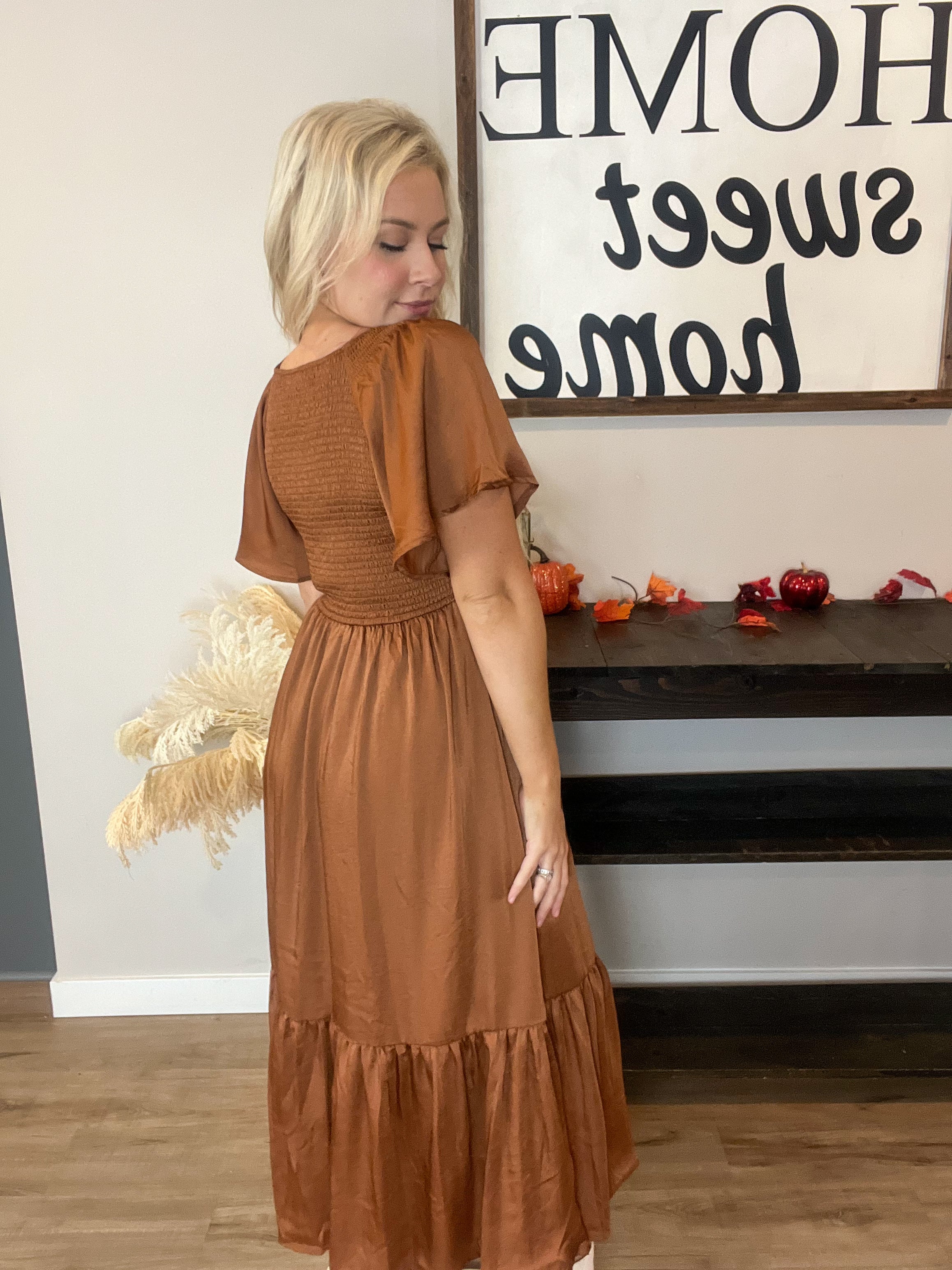 Smocked Satin Midi Dress in Bronze