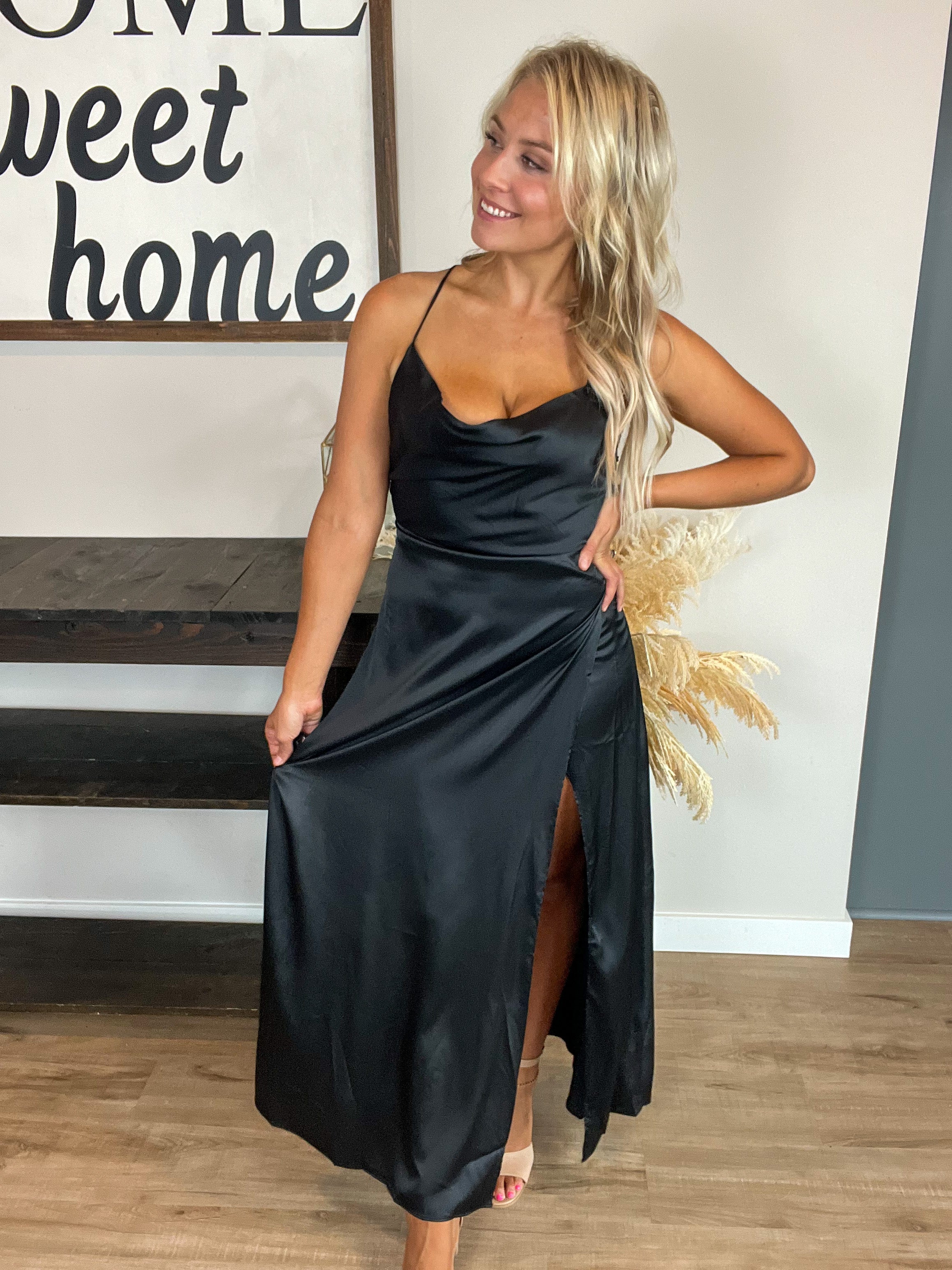 Drape Neck Maxi Dress in Black Rebel and Blush Drape Neck Maxi Dress in Black Rebel and Blush