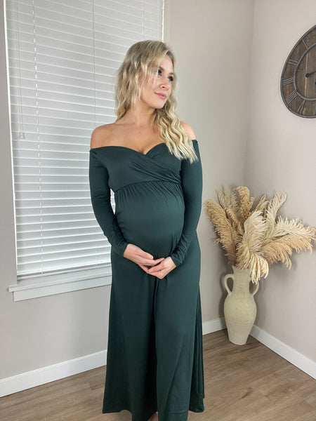 V-Neck Off Shoulder Maxi in Hunter Green Rebel and Blush V-Neck Off Shoulder Maxi in Hunter Green Rebel and Blush