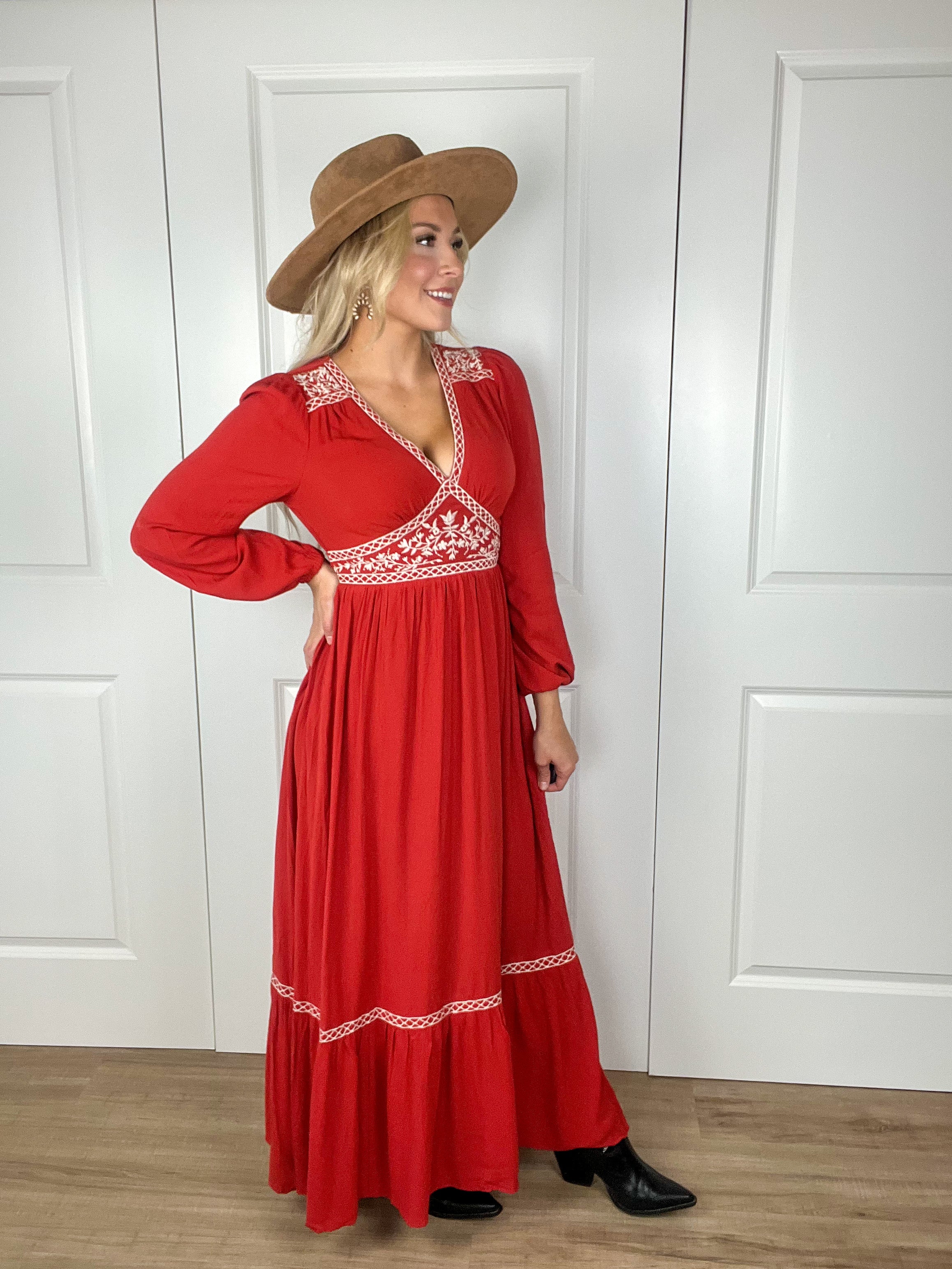 Embroidered Long Sleeve Maxi Dress In Brick Rebel and Blush Embroidered Long Sleeve Maxi Dress In Brick Rebel and Blush