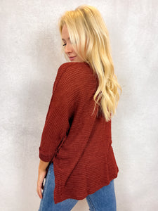 V-Neck High Low Sweater in Dark Rust