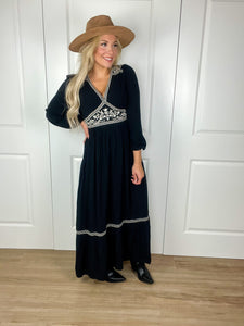 Embroidered Long Sleeve Maxi Dress In Black