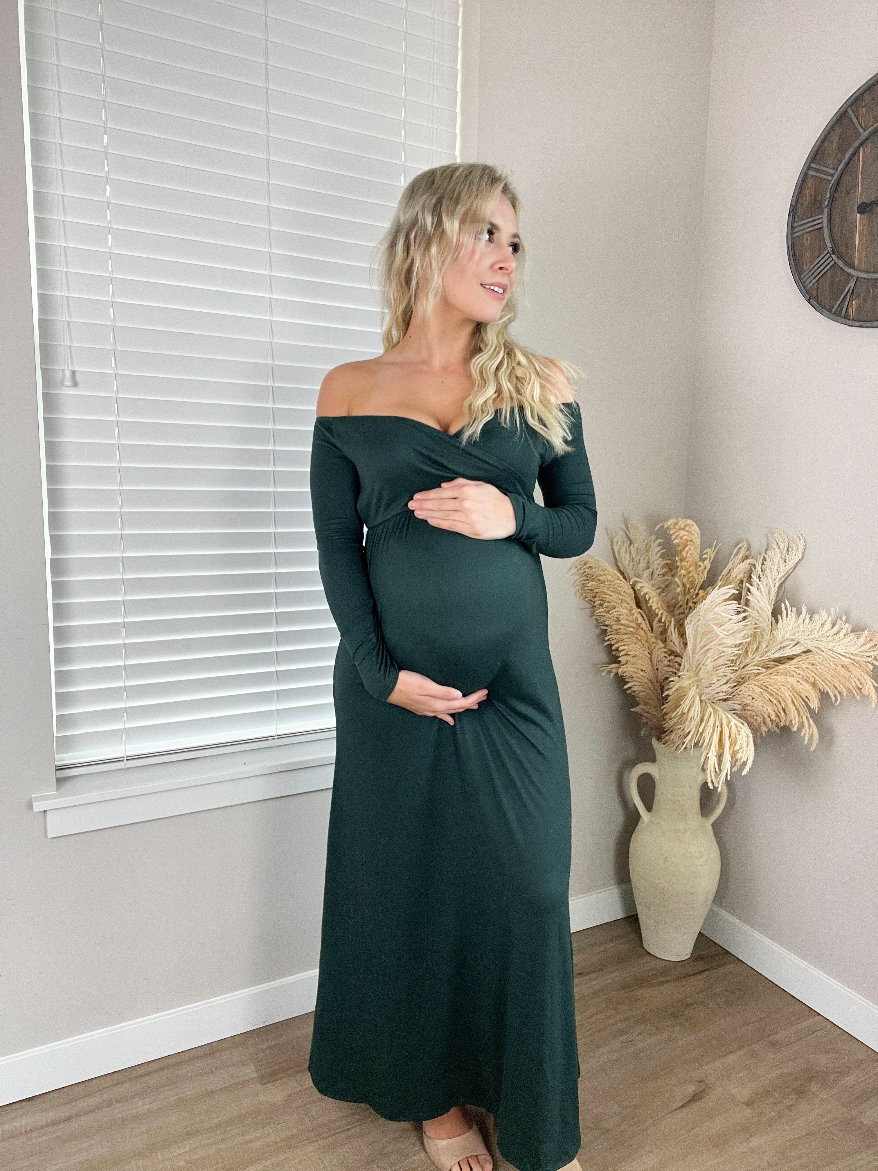 V-Neck Off Shoulder Maxi in Hunter Green