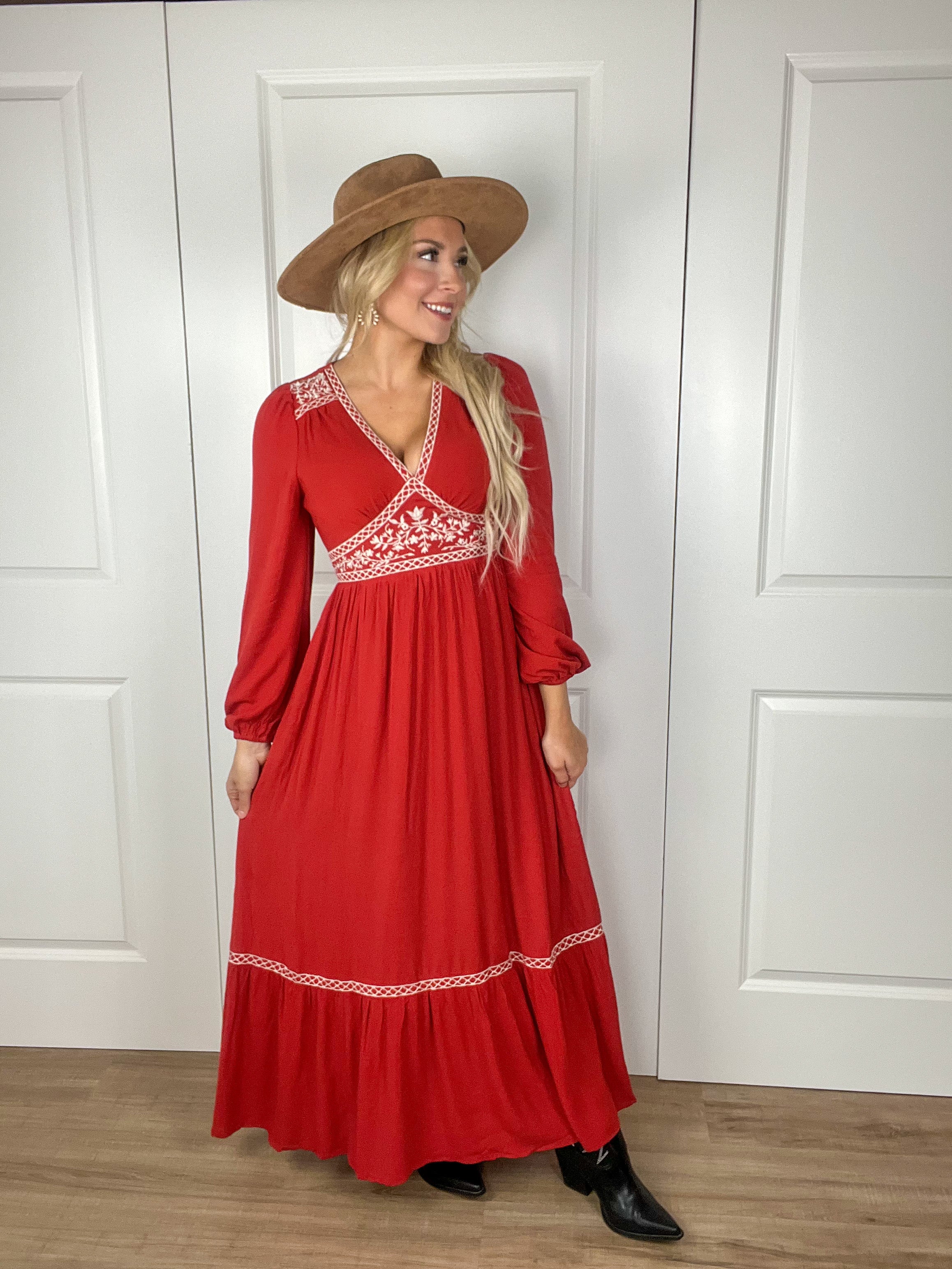 Embroidered Long Sleeve Maxi Dress In Brick Rebel and Blush Embroidered Long Sleeve Maxi Dress In Brick Rebel and Blush