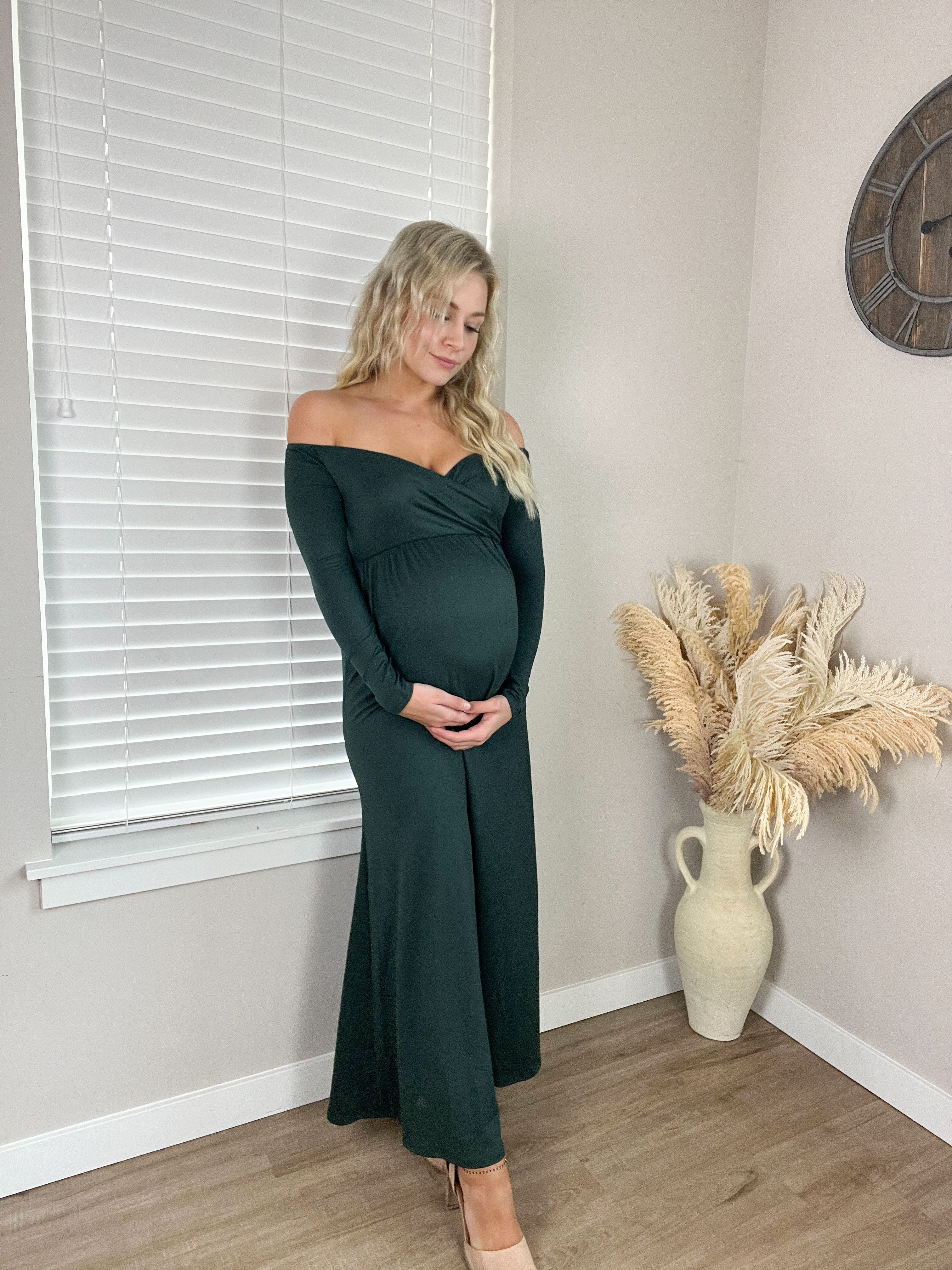 V-Neck Off Shoulder Maxi in Hunter Green