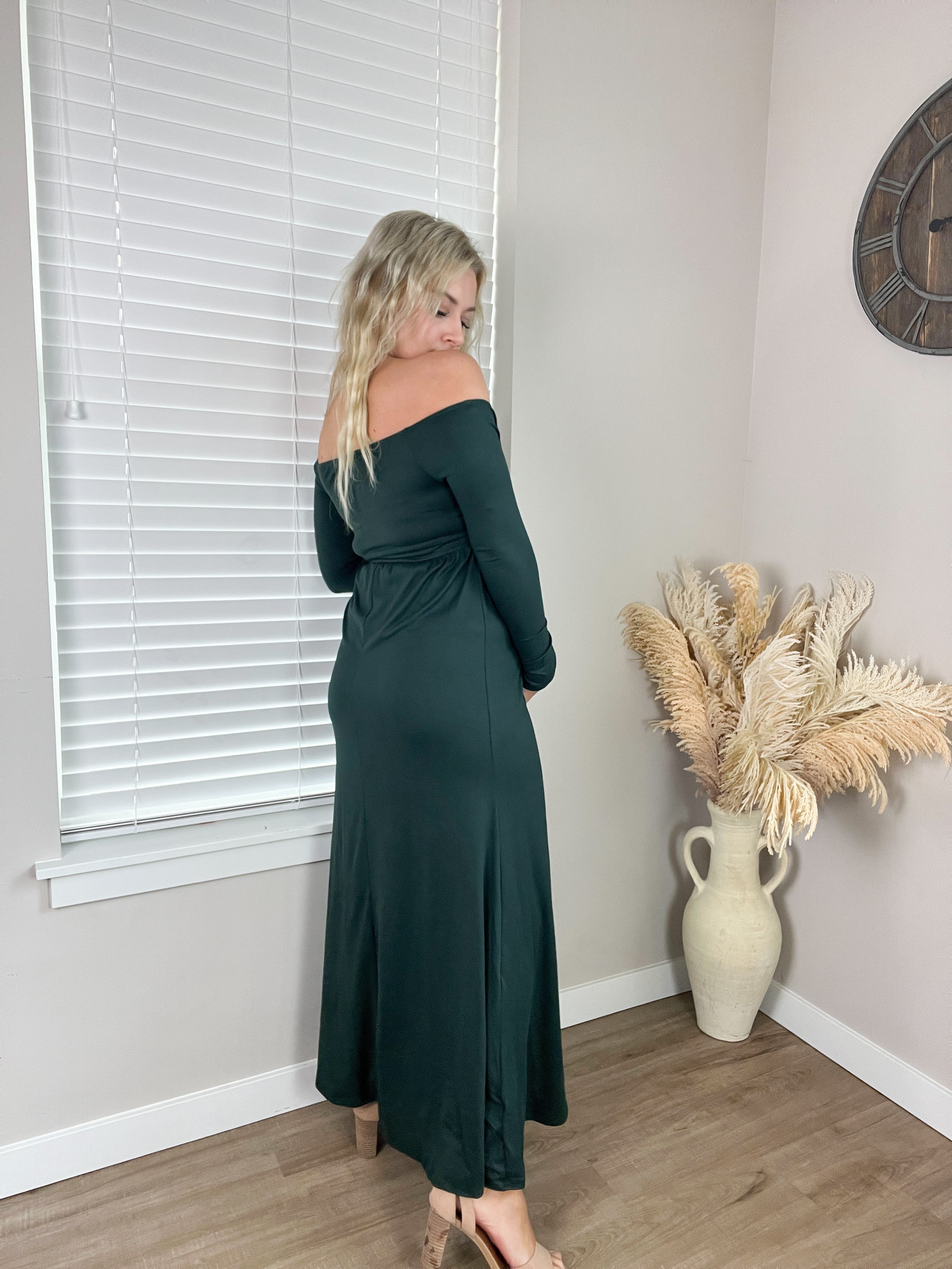 V-Neck Off Shoulder Maxi in Hunter Green Rebel and Blush V-Neck Off Shoulder Maxi in Hunter Green Rebel and Blush