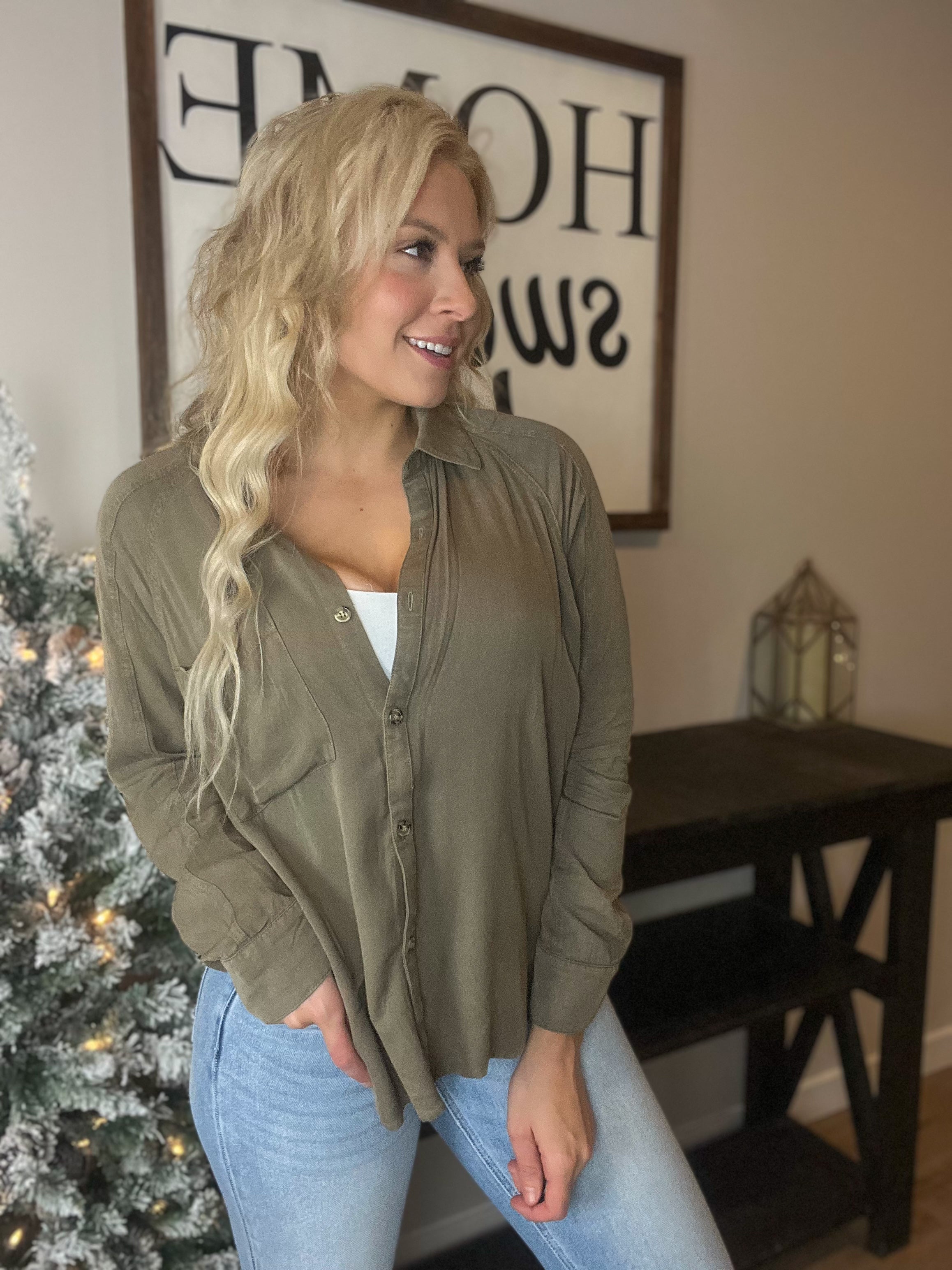 Snow Wash Oversized Button Down in Olive