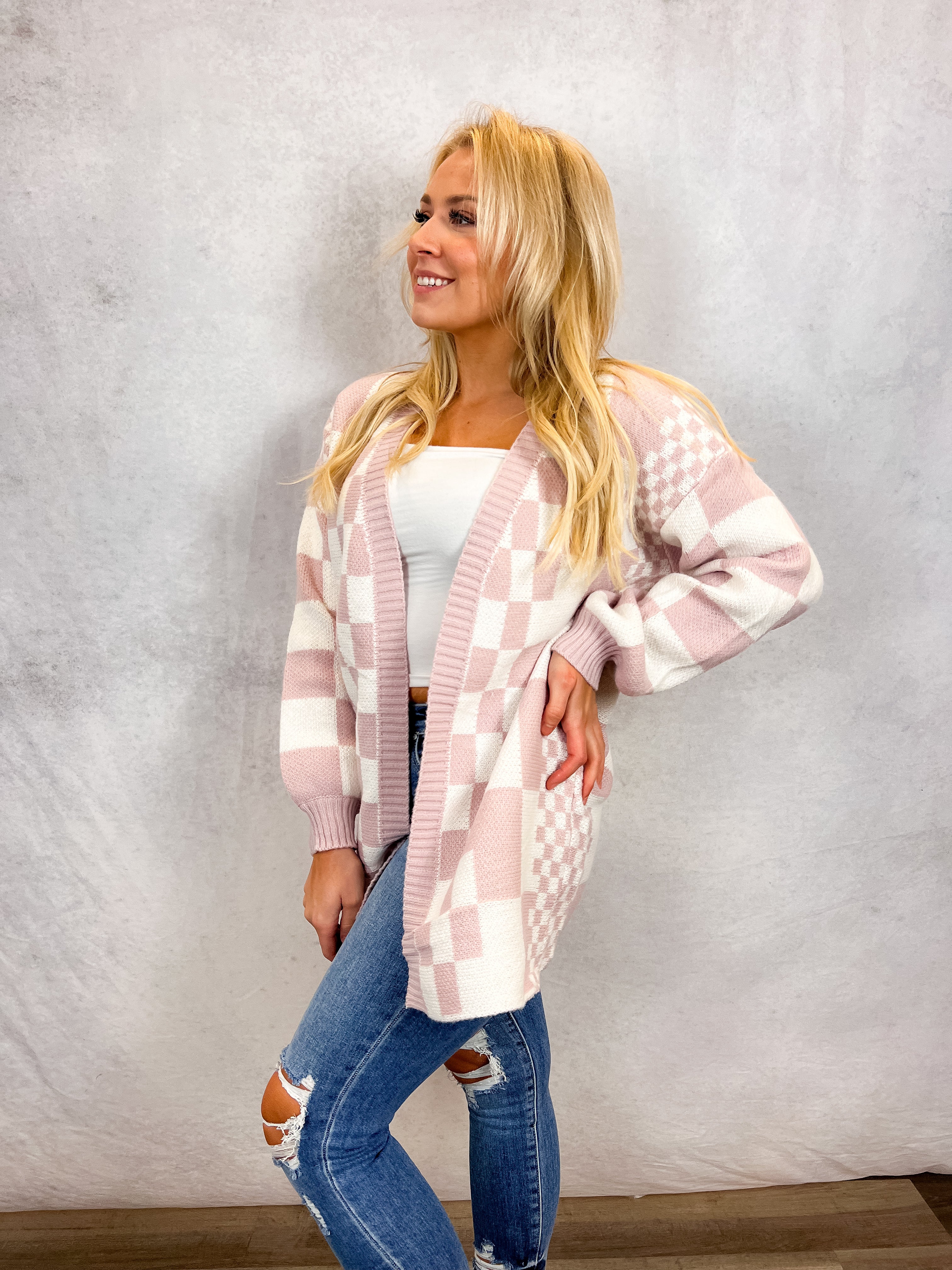 Pink Checkerboard Cardigan