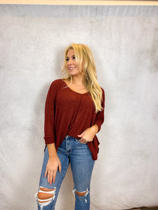 V-Neck High Low Sweater in Dark Rust