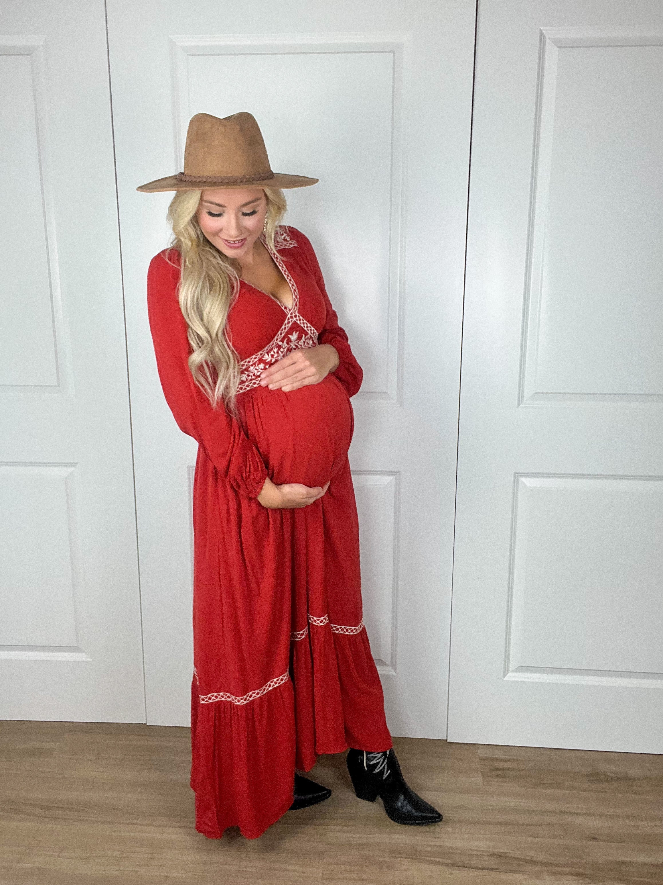 Embroidered Long Sleeve Maxi Dress In Brick Rebel and Blush Embroidered Long Sleeve Maxi Dress In Brick Rebel and Blush