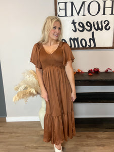 Smocked Satin Midi Dress in Bronze