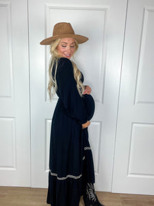 Embroidered Long Sleeve Maxi Dress In Black