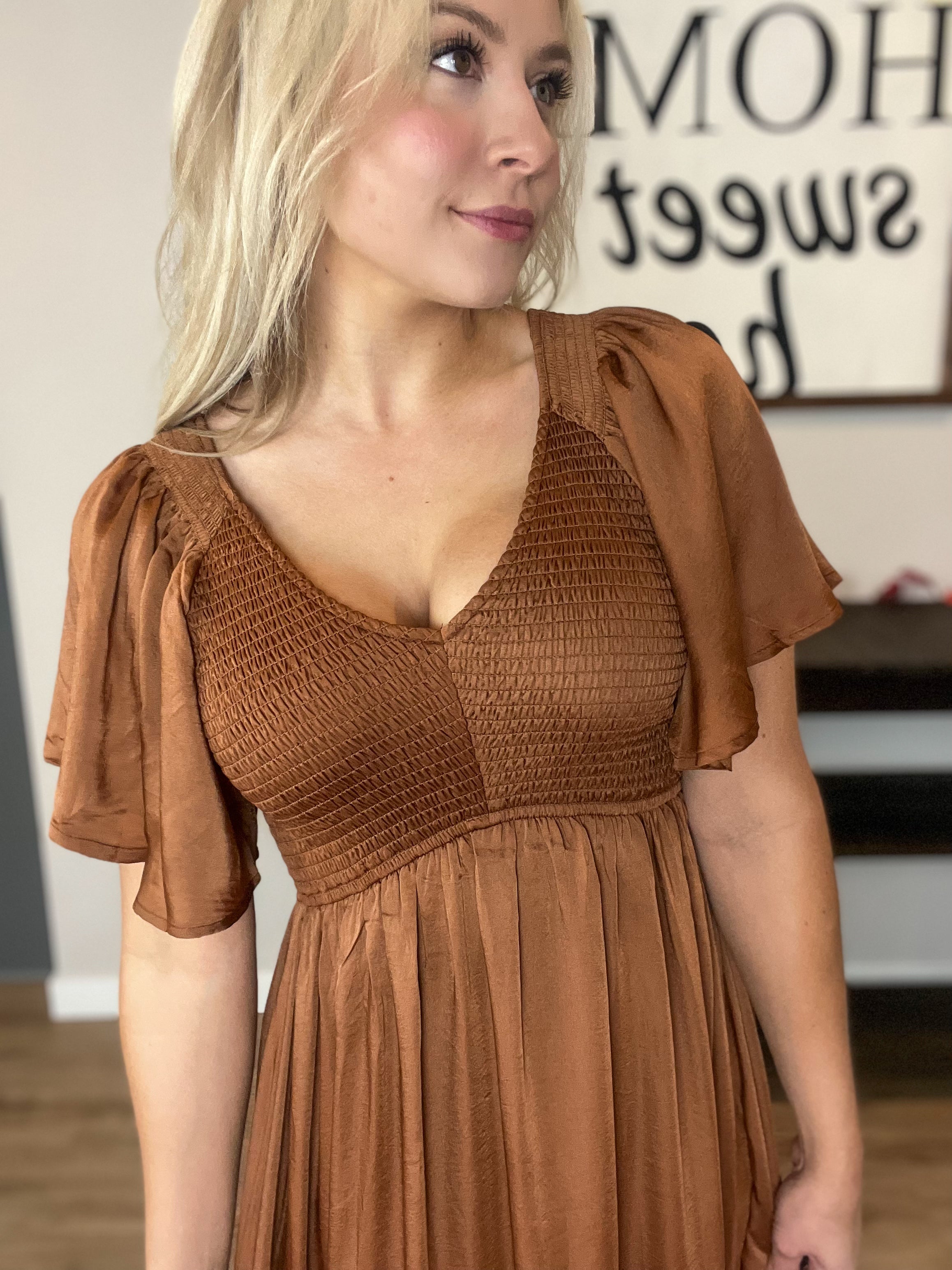 Smocked Satin Midi Dress in Bronze