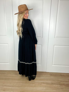 Embroidered Long Sleeve Maxi Dress In Black