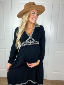 Embroidered Long Sleeve Maxi Dress In Black