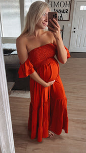 Rusty Red Smocked Bust Maxi Dress