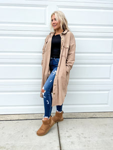 Warm Taupe Duster Length Button Down Shacket