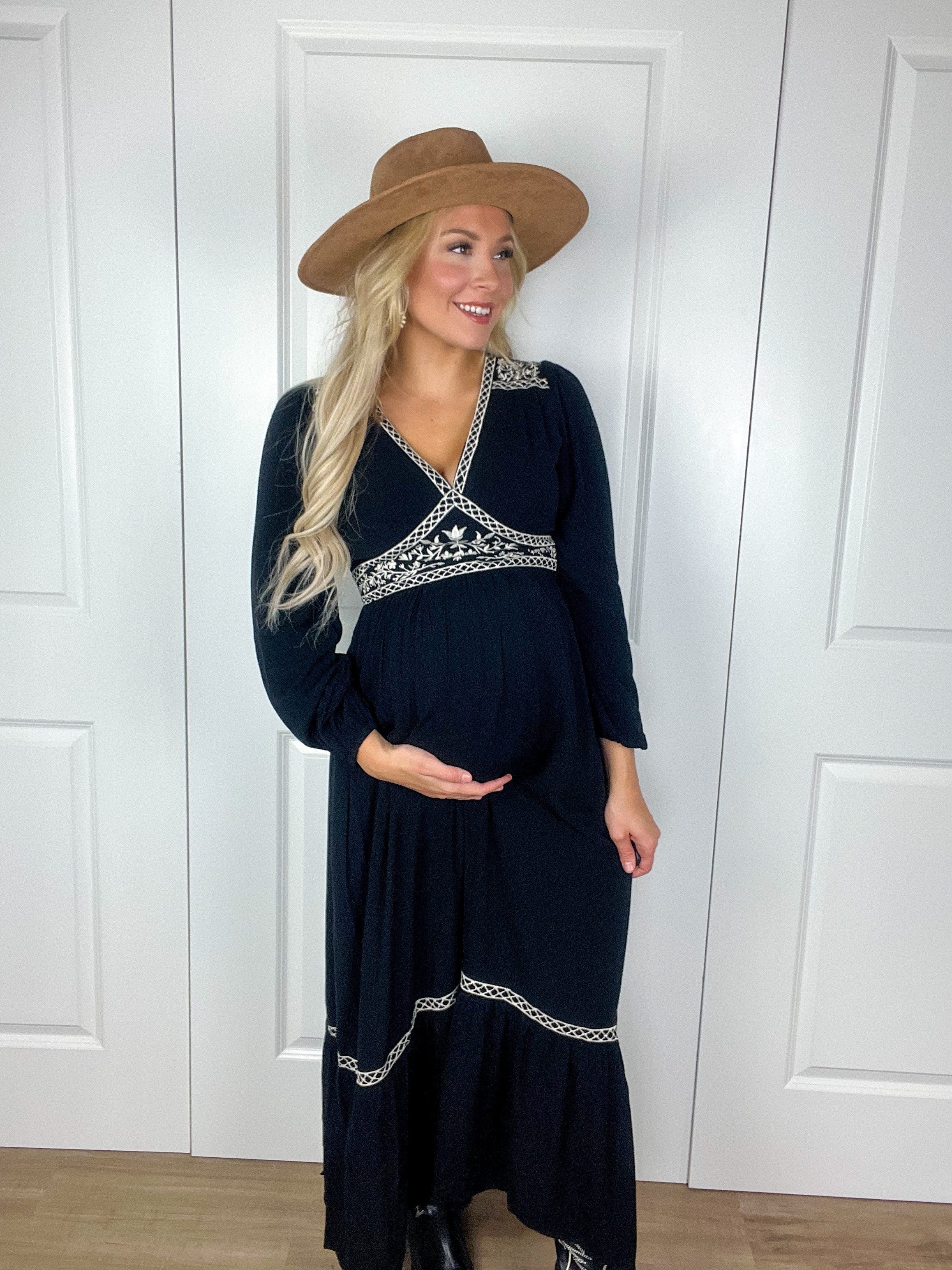 Embroidered Long Sleeve Maxi Dress In Black