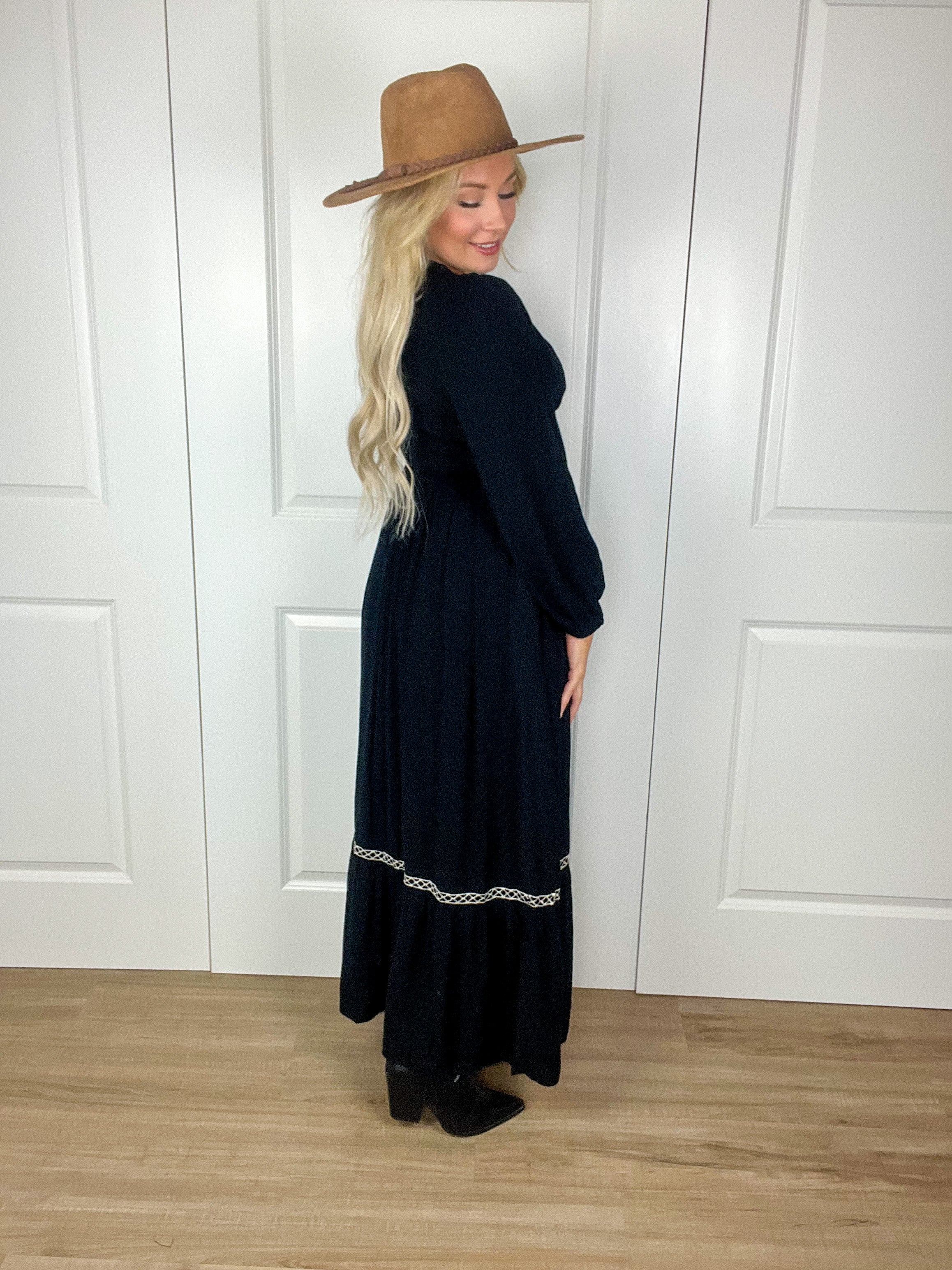 Embroidered Long Sleeve Maxi Dress In Black