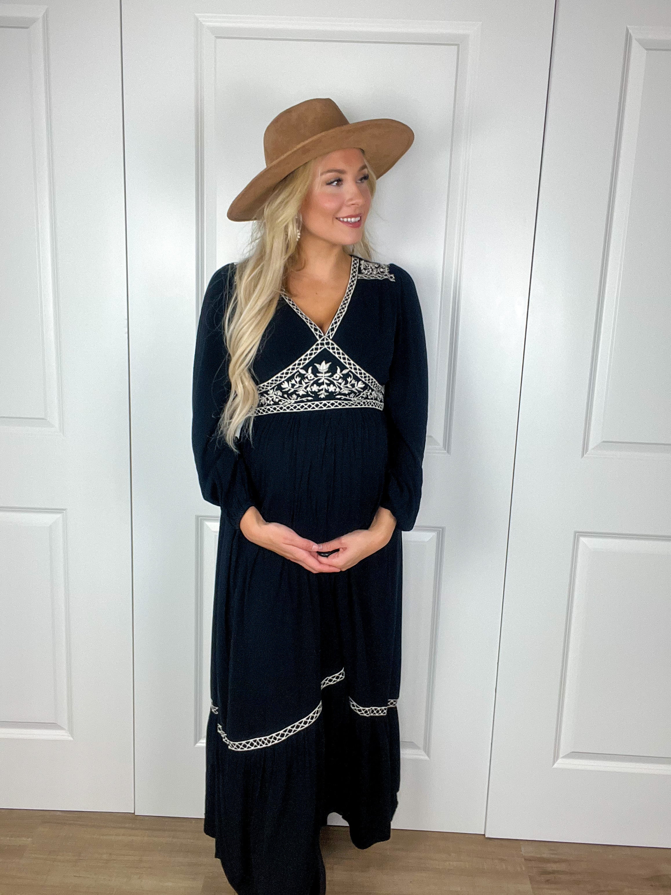 Embroidered Long Sleeve Maxi Dress In Black