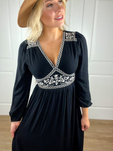 Embroidered Long Sleeve Maxi Dress In Black