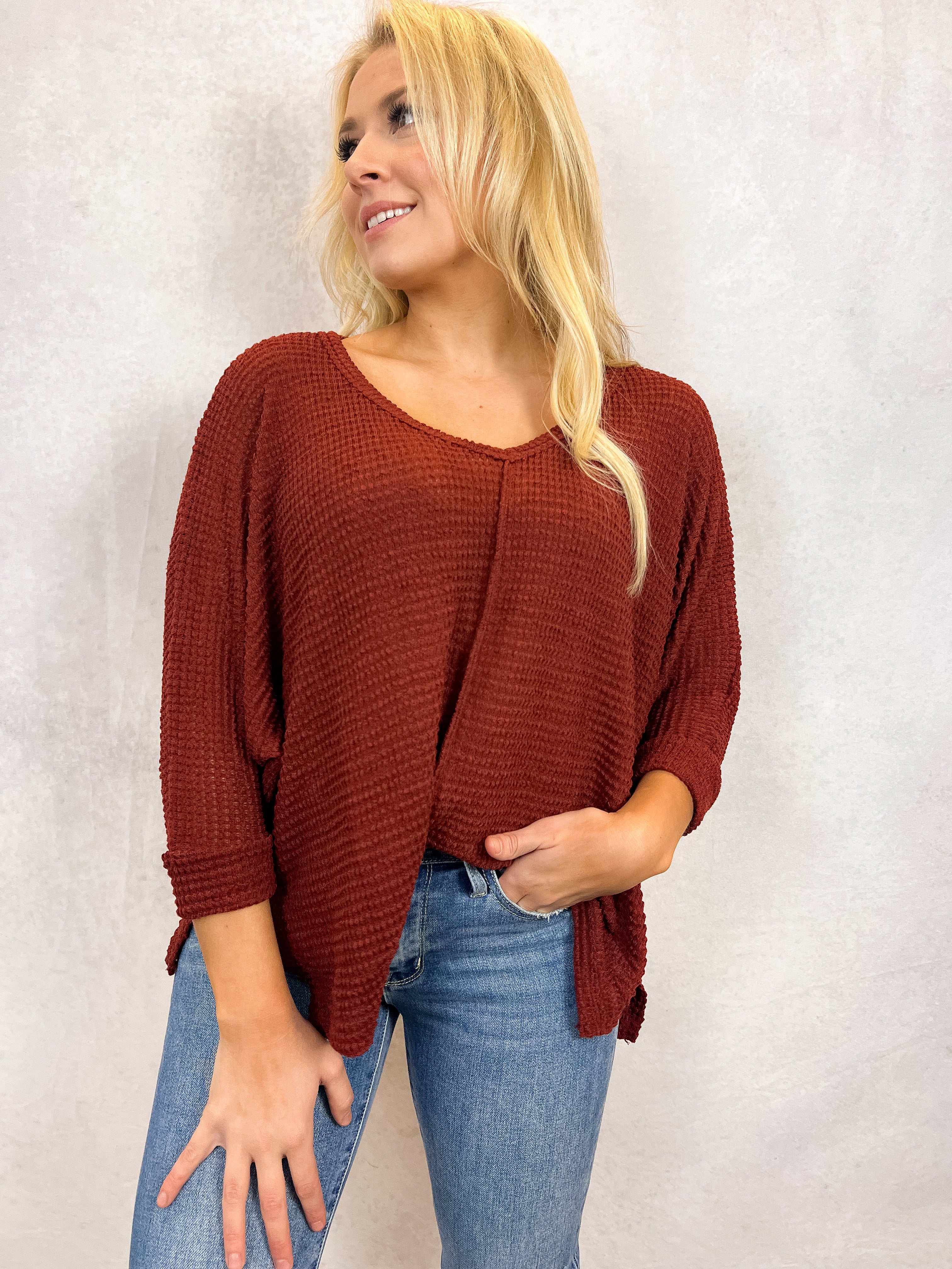 V-Neck High Low Sweater in Dark Rust