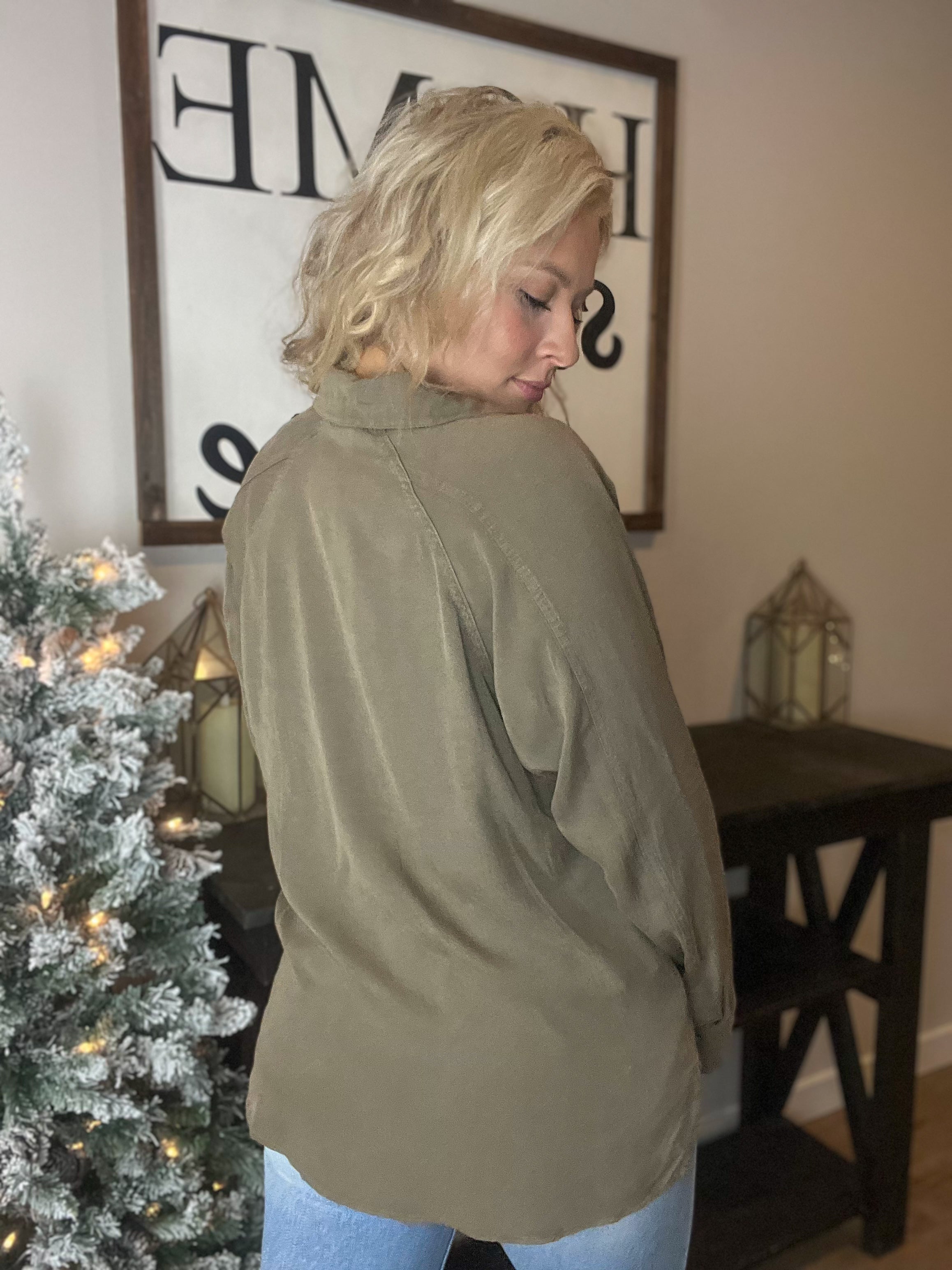 Snow Wash Oversized Button Down in Olive