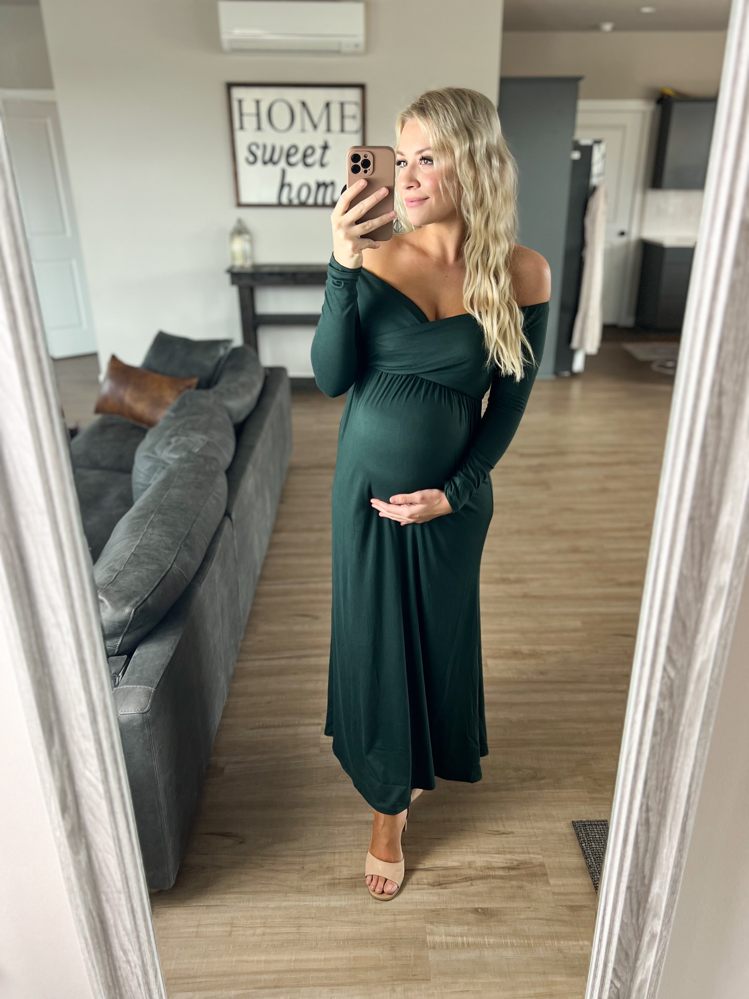 V-Neck Off Shoulder Maxi in Hunter Green Rebel and Blush V-Neck Off Shoulder Maxi in Hunter Green Rebel and Blush