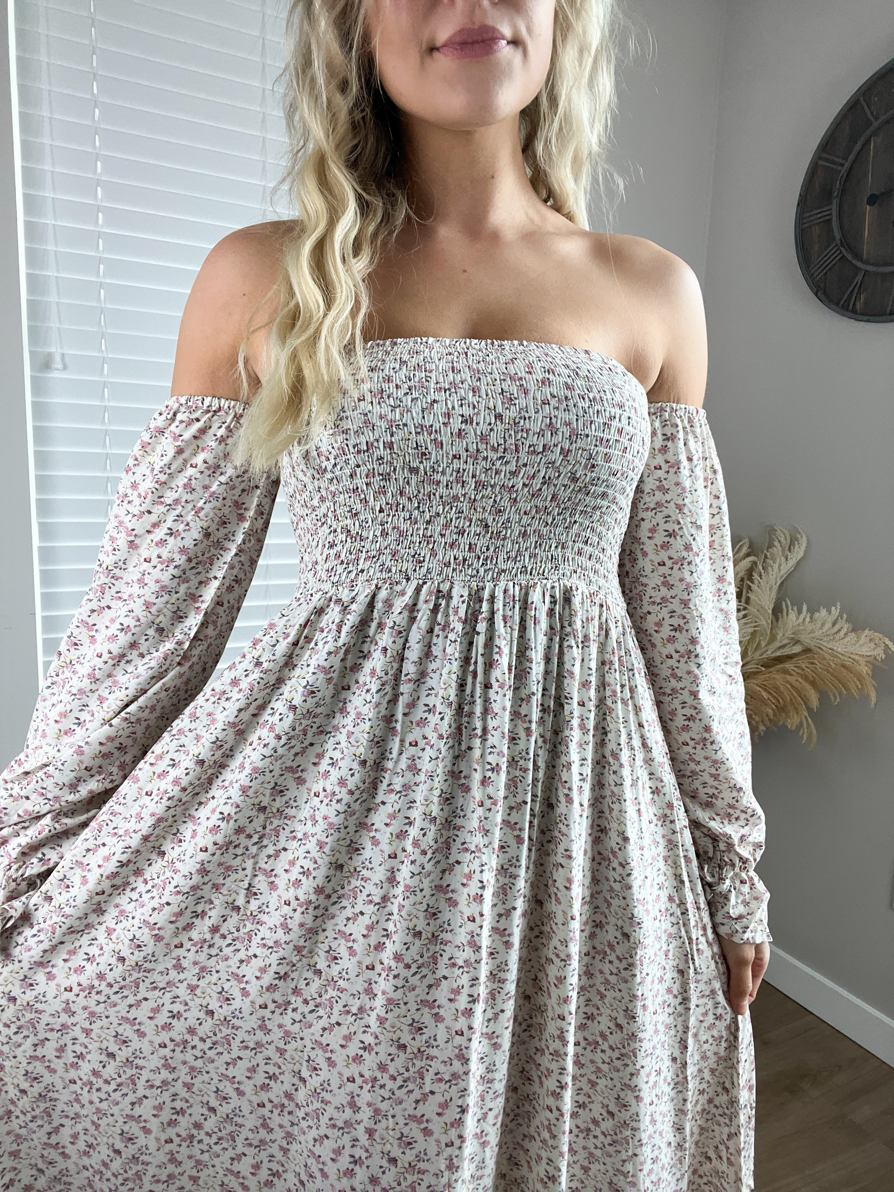 Cream Flowy Floral Smocked Maxi