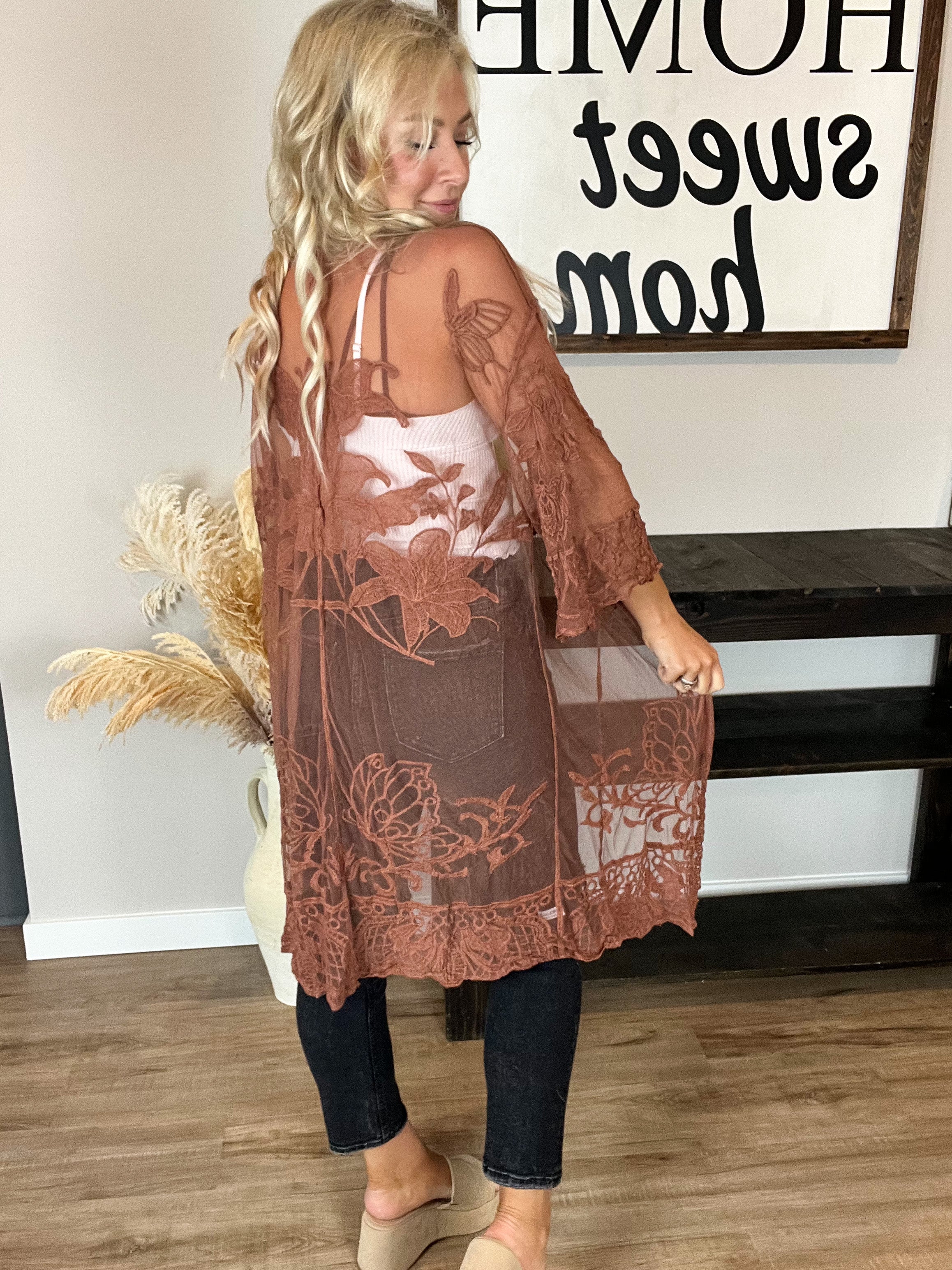 Butterfly Lace Front Tie Kimono in Mocha