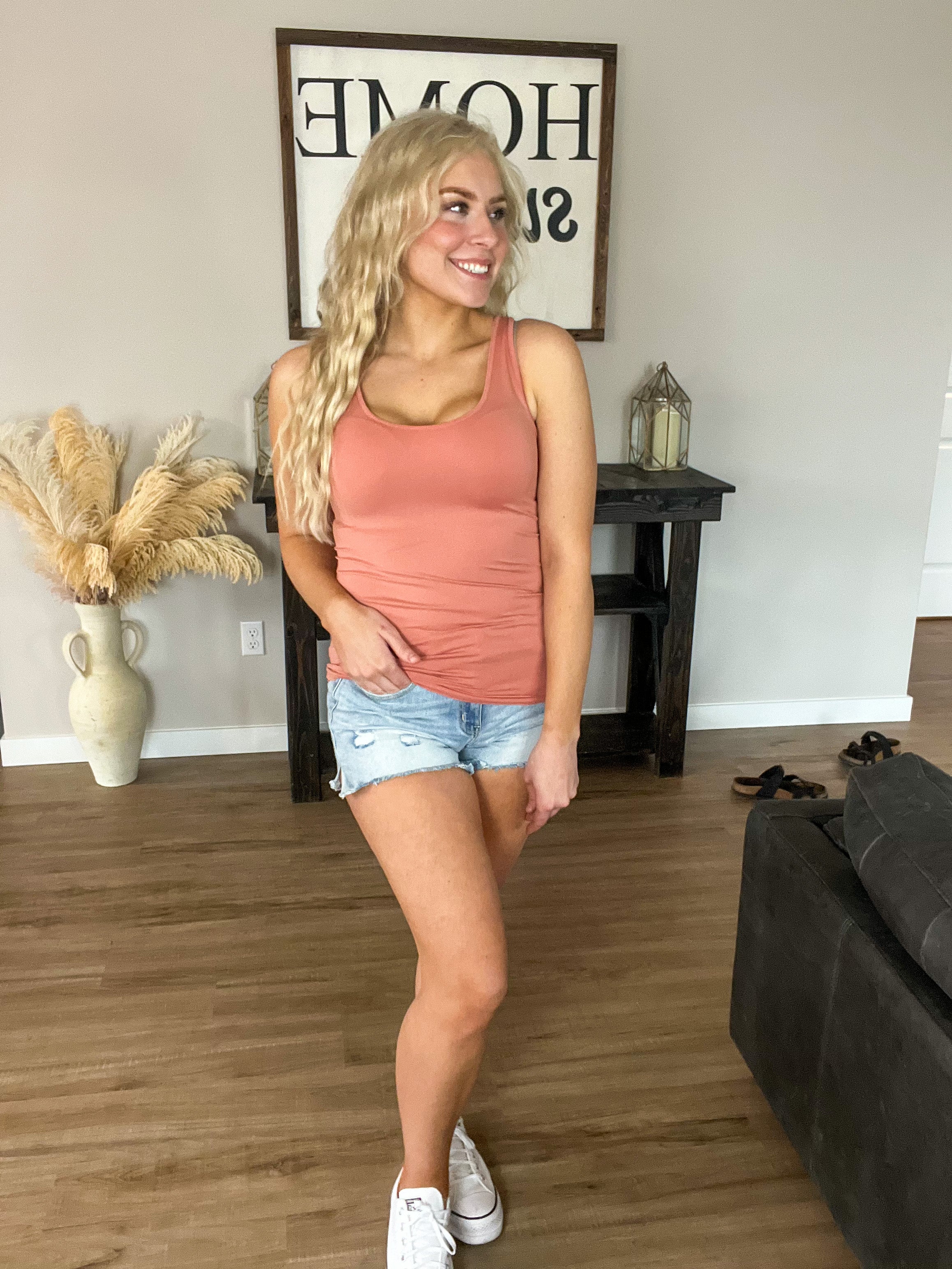 Full length Scoop Neck Tank in Papaya