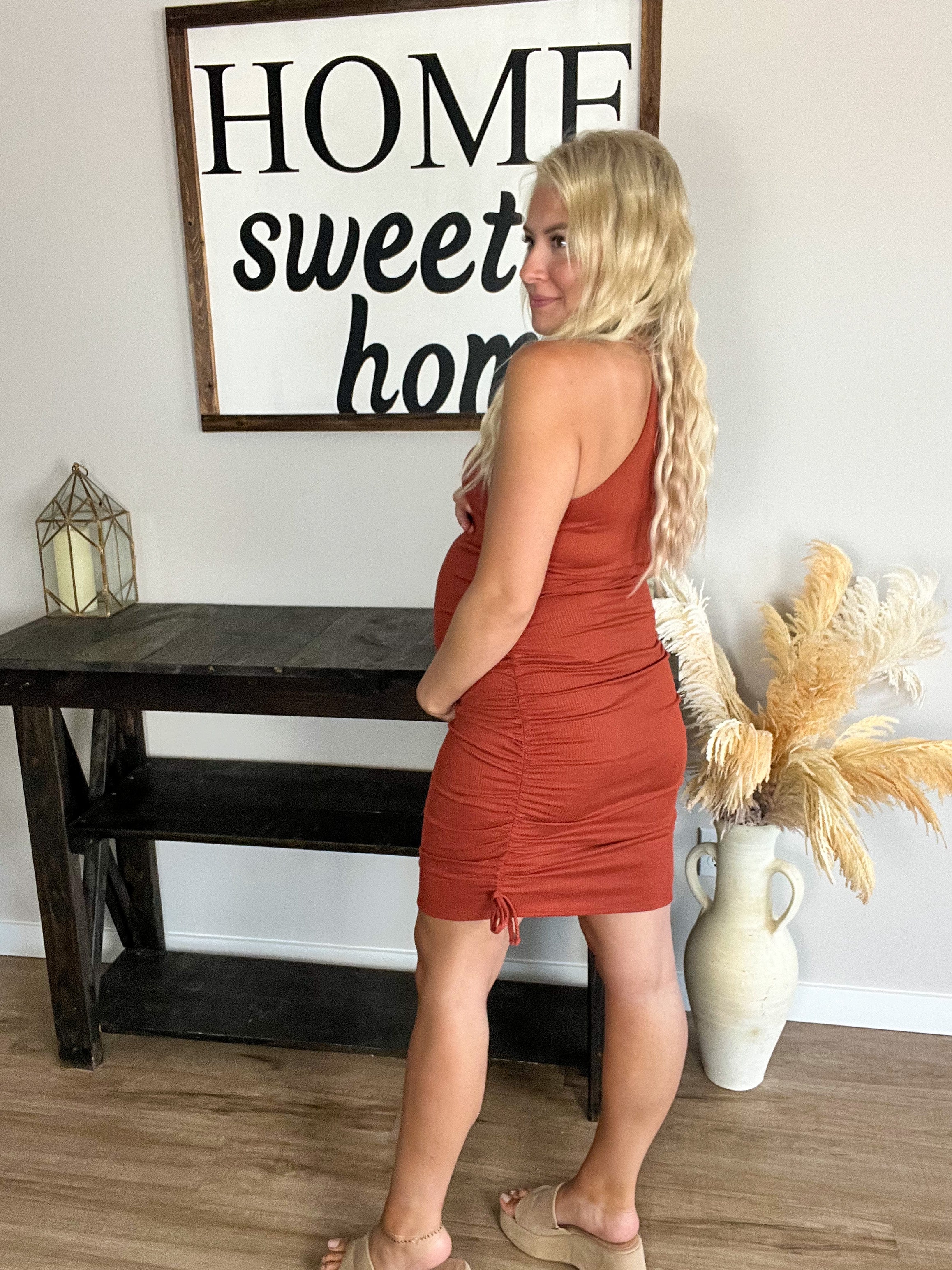 Rust Ribbed Ruched Mini Dress