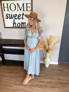 Button Up Ruffle Maxi in Misty Blue