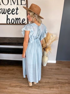 Button Up Ruffle Maxi in Misty Blue