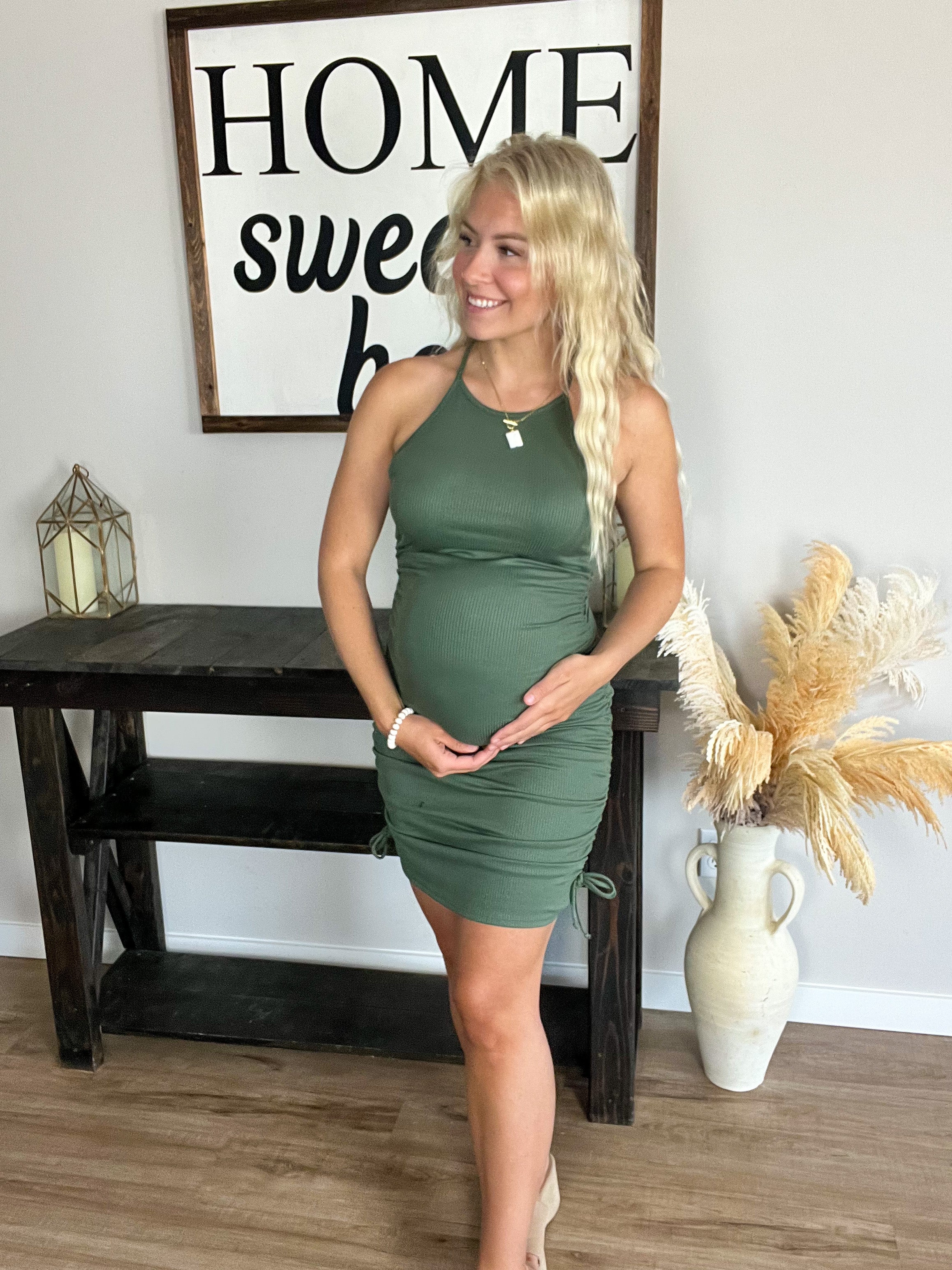 Olive Ribbed Ruched Mini Dress