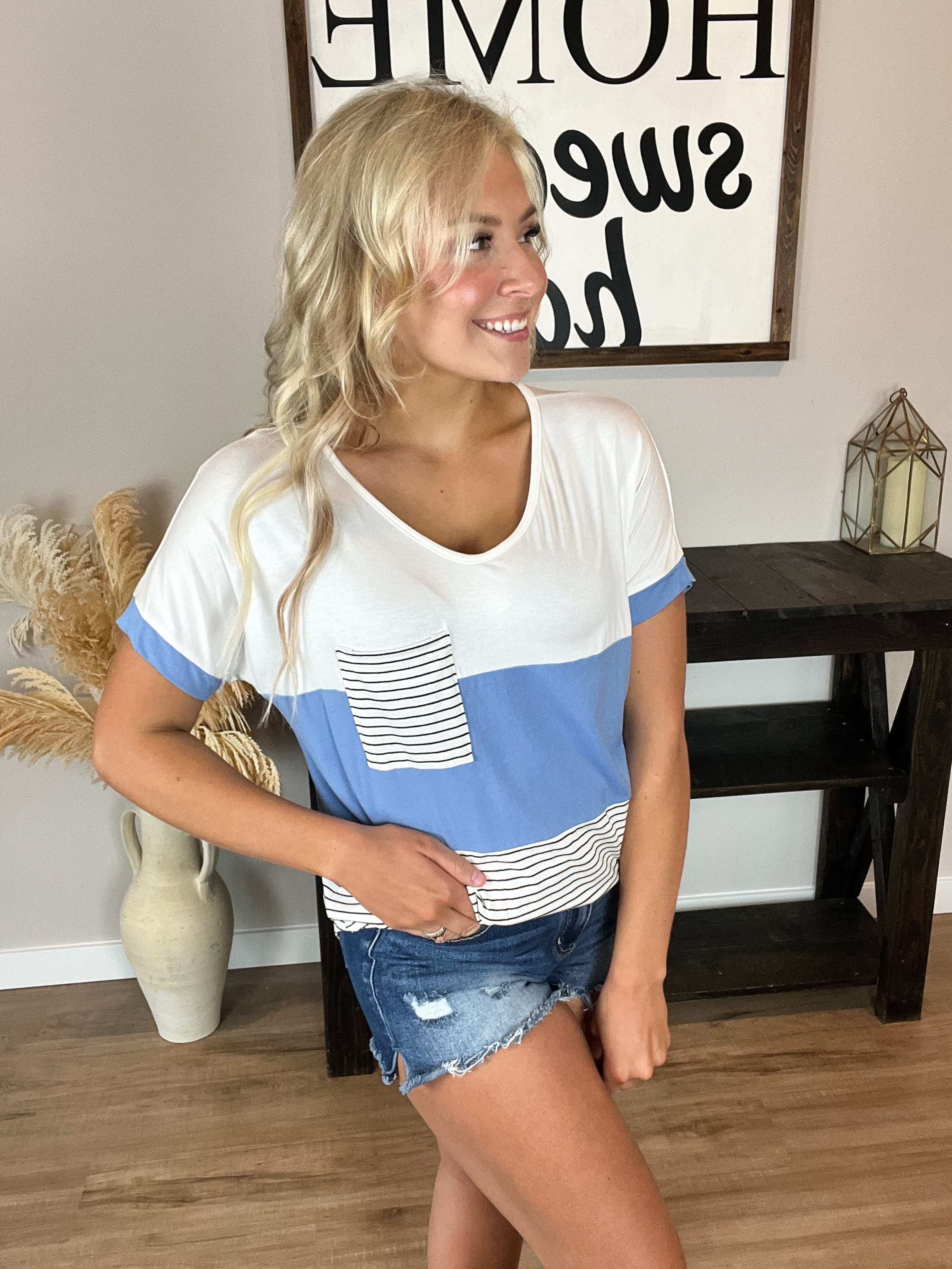 Color Block Top with Pocket in Indigo