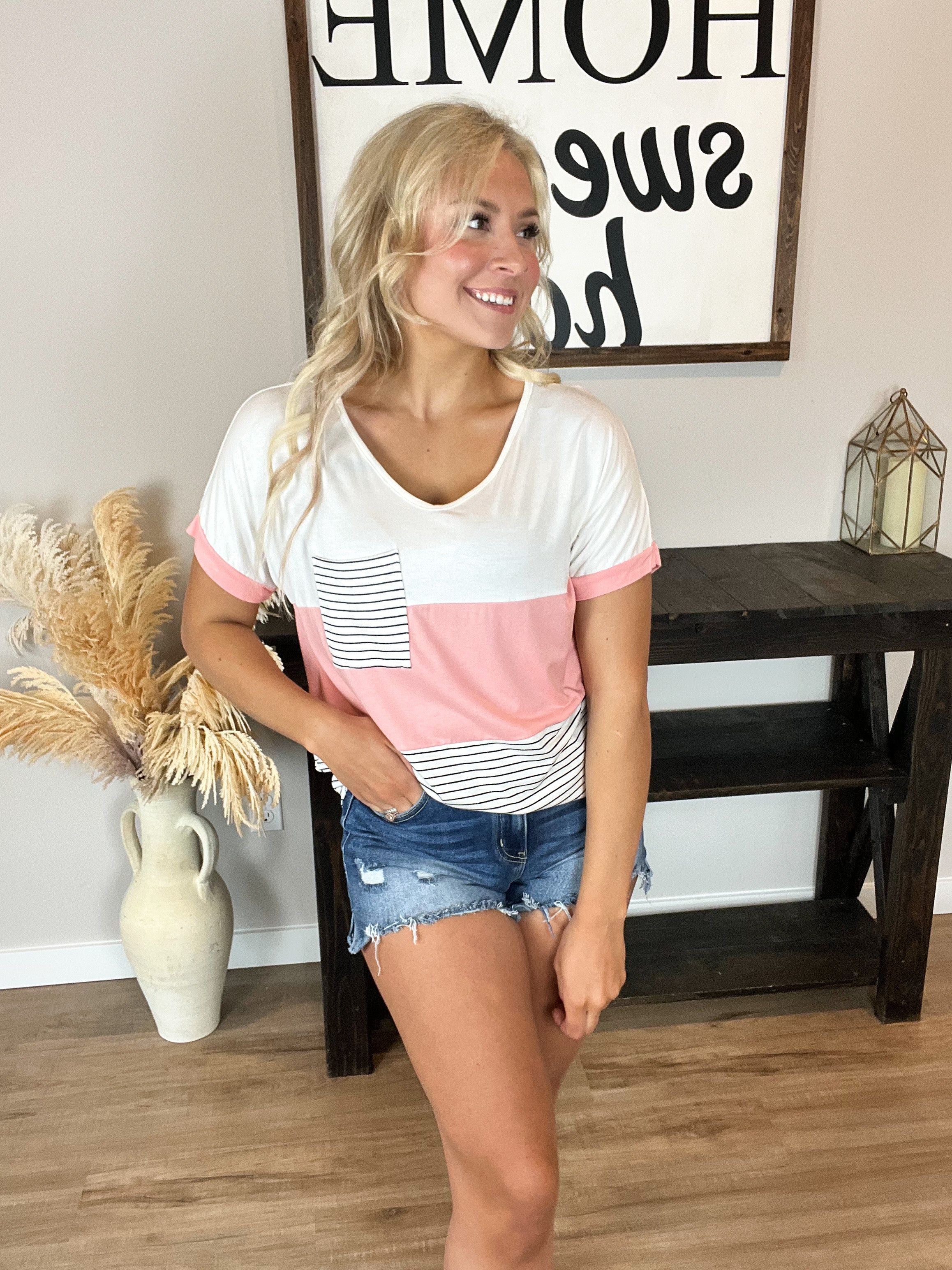 Color Block Top with Pocket in Blush