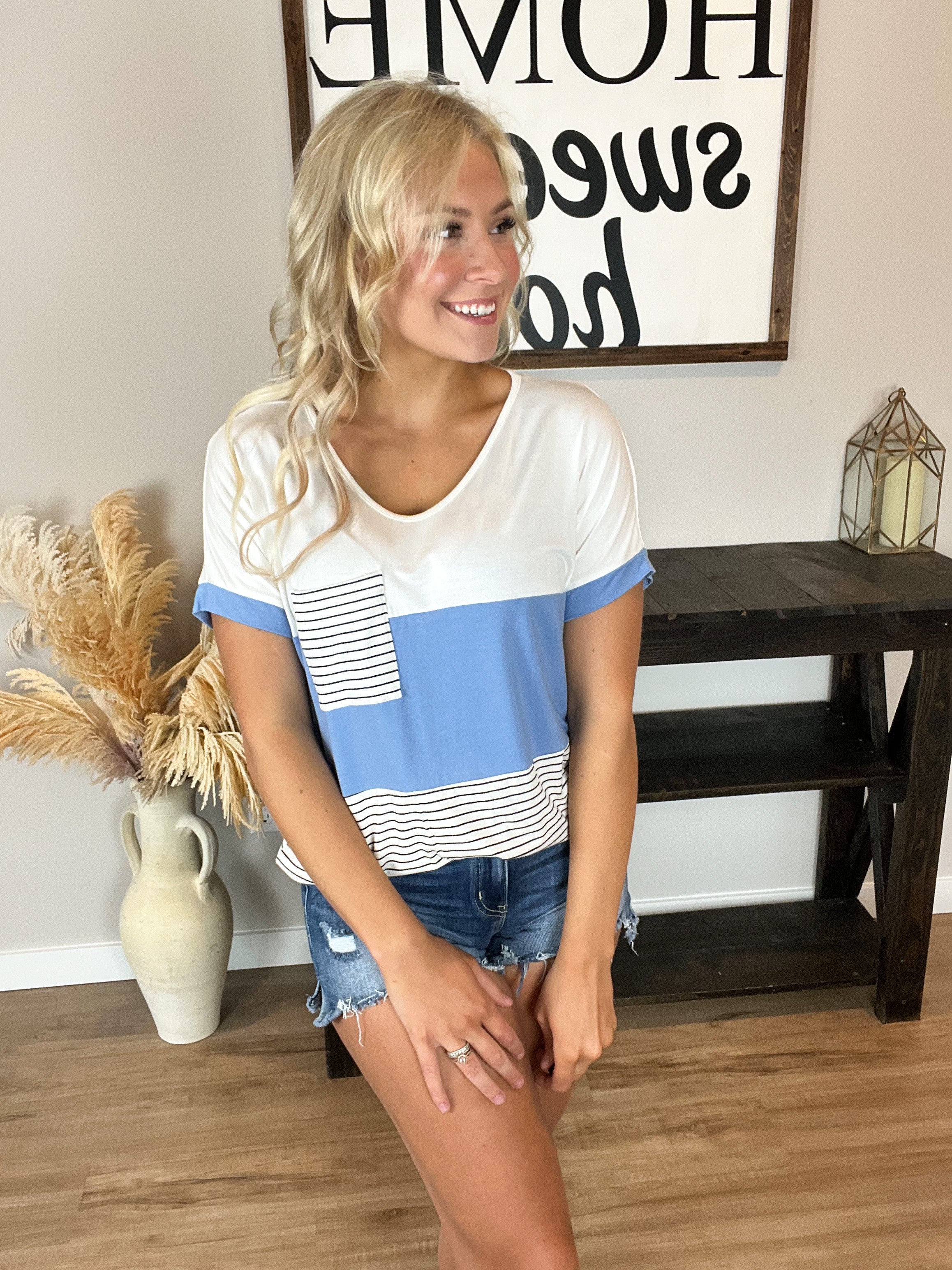 Color Block Top with Pocket in Indigo