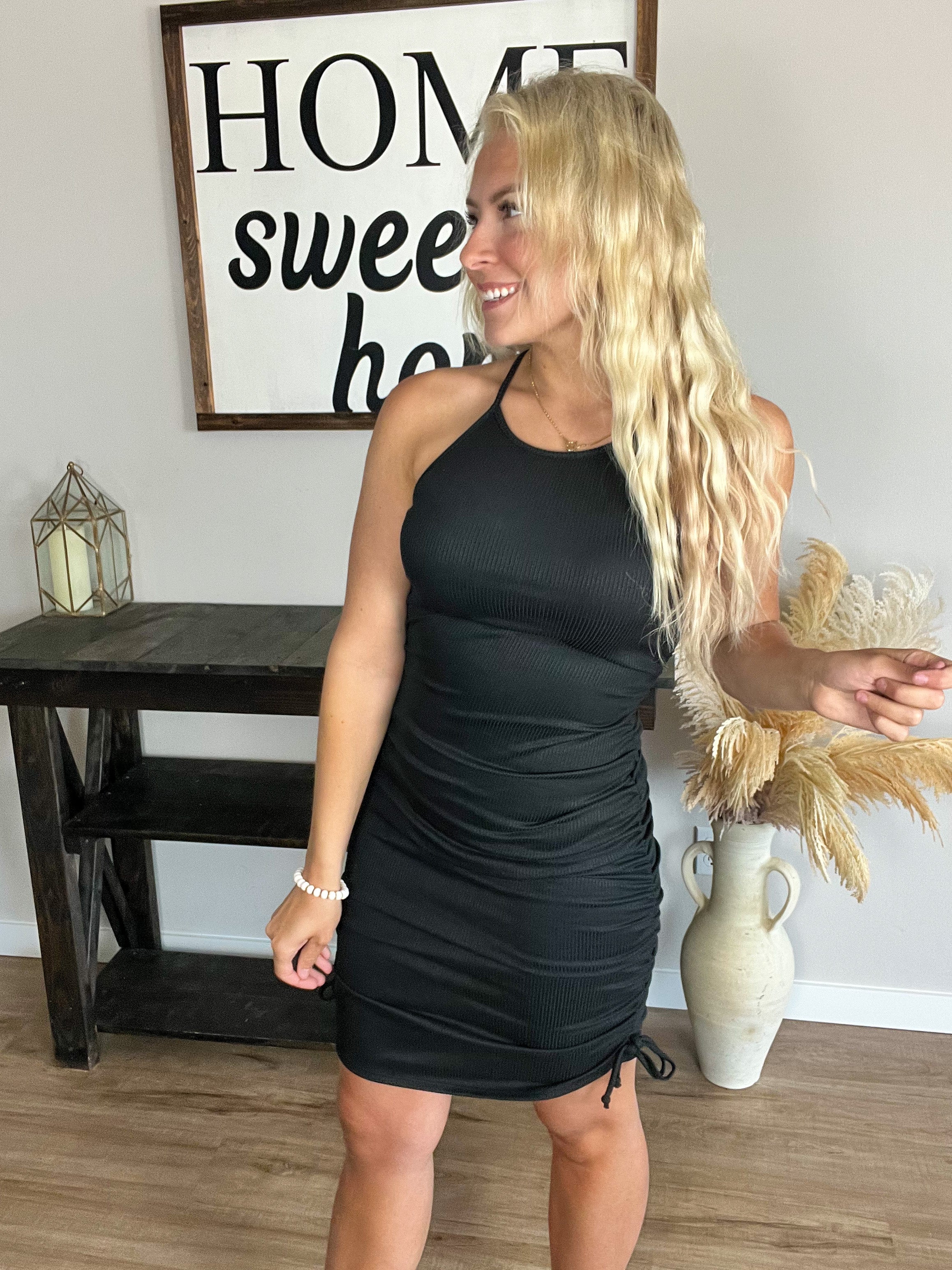 Black Ribbed Ruched Mini Dress