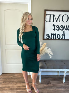 Hunter Green Square Neck Midi Dress