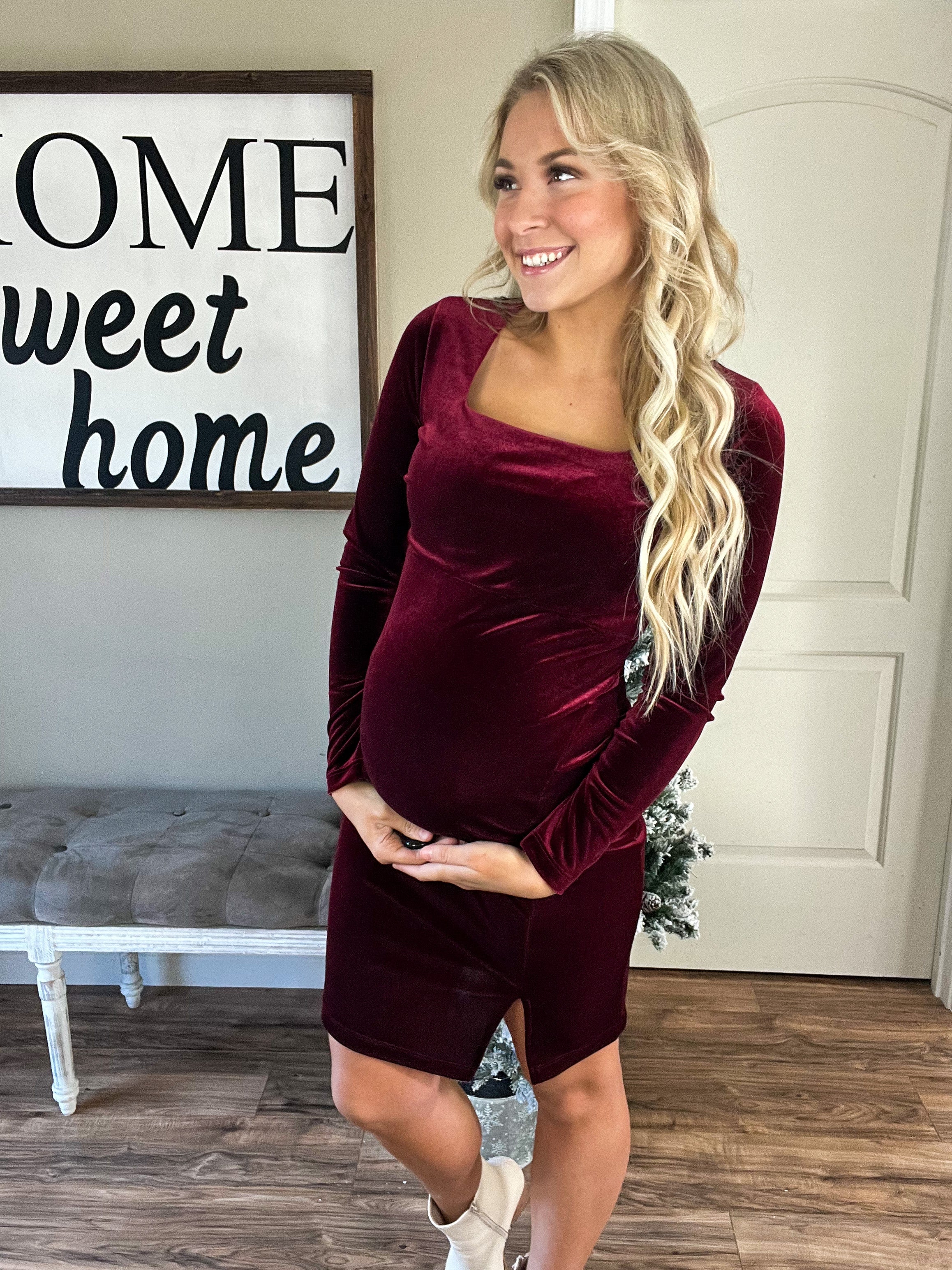 Square Neck Velvet Dress in Burgundy