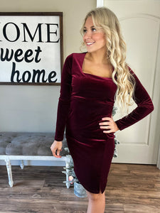 Square Neck Velvet Dress in Burgundy