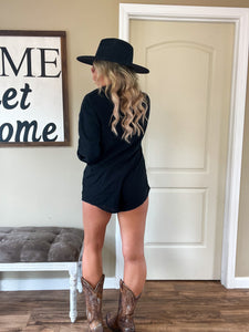 Long Sleeve Button Up Romper Black