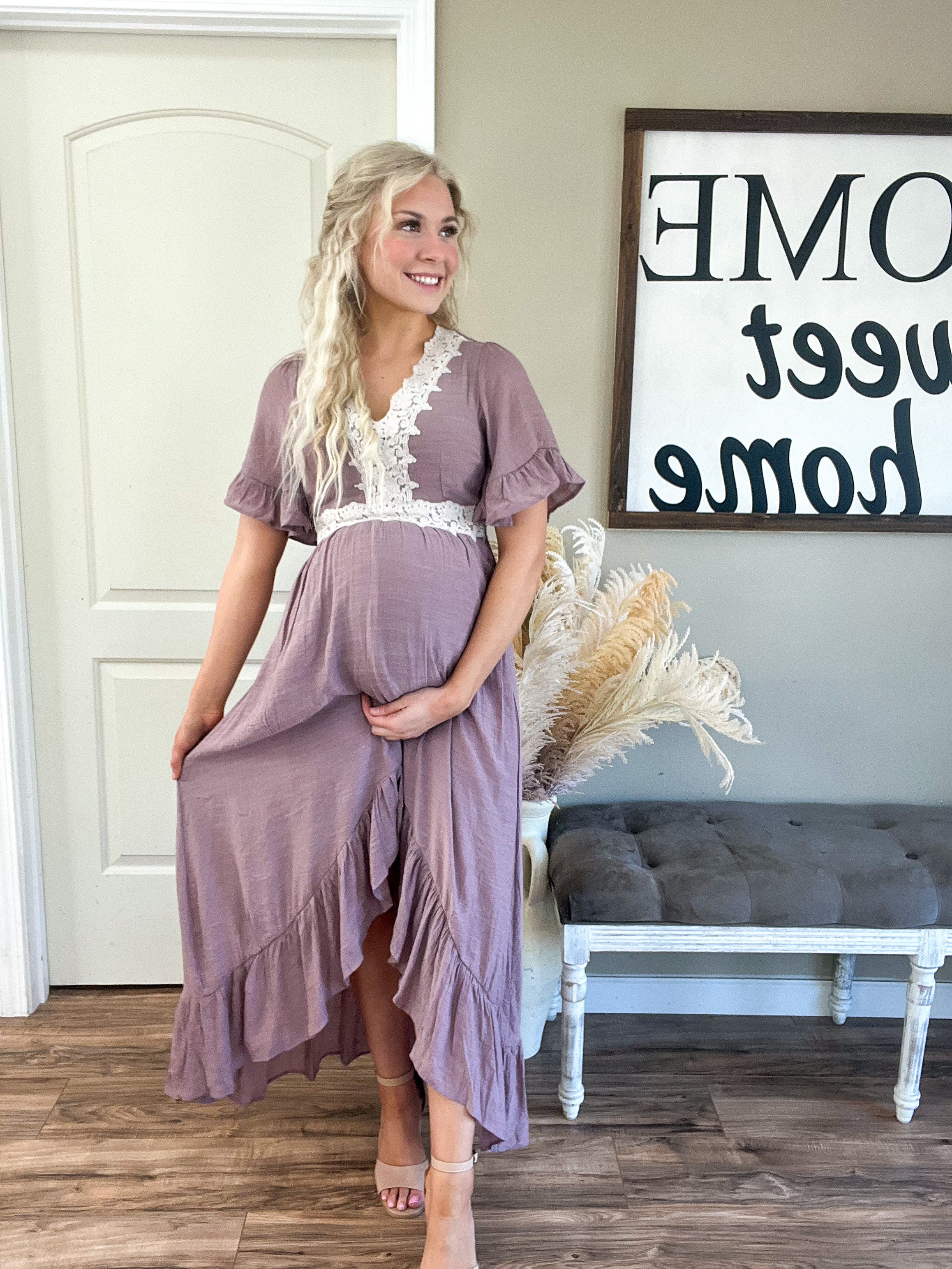 Lace Trim Hi-Low Dress in Mauve Rebel and Blush Lace Trim Hi-Low Dress in Mauve Rebel and Blush